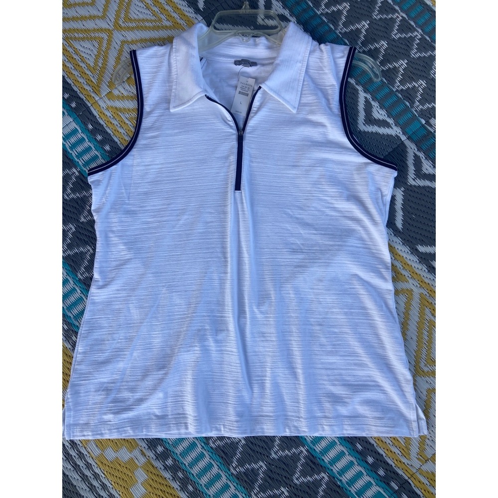 T by Talbots Womens White Sleeveless Quarter Zip Polo Shirt Navy Trim Large NEW